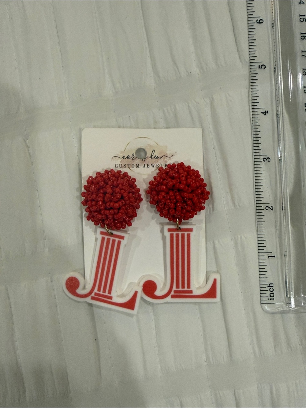 Junior League Red Beaded 'JL' Drop Earrings